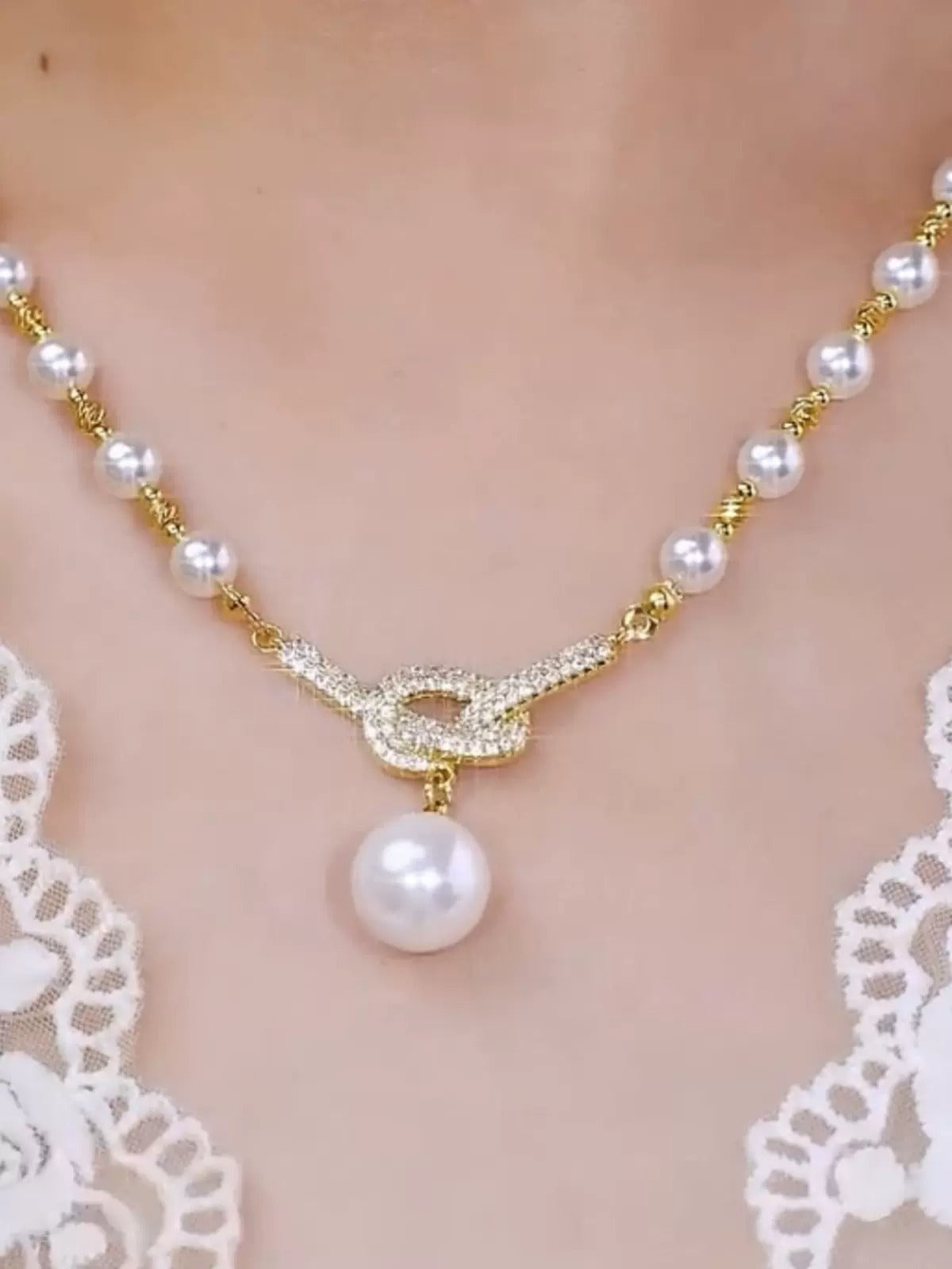 Full diamond pearl necklace(GOLD PLATED)