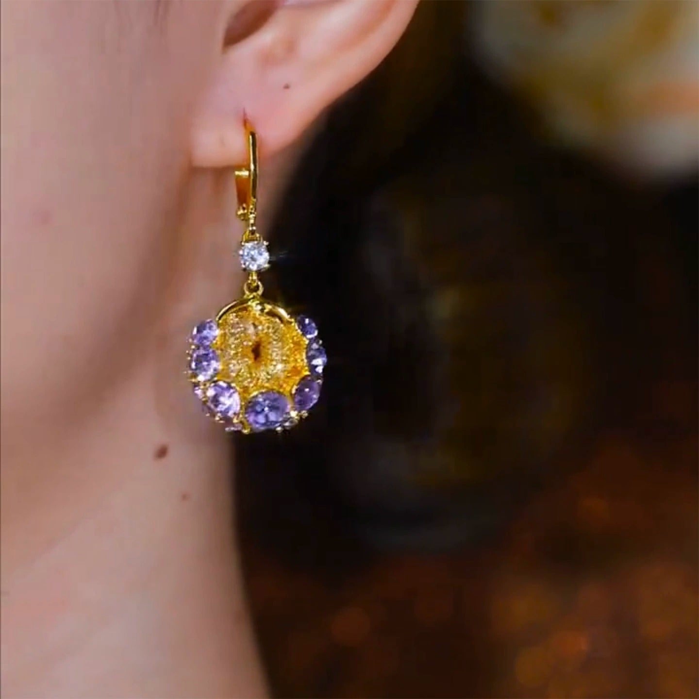 Diamond zircon mesh earrings(24k gold plated)