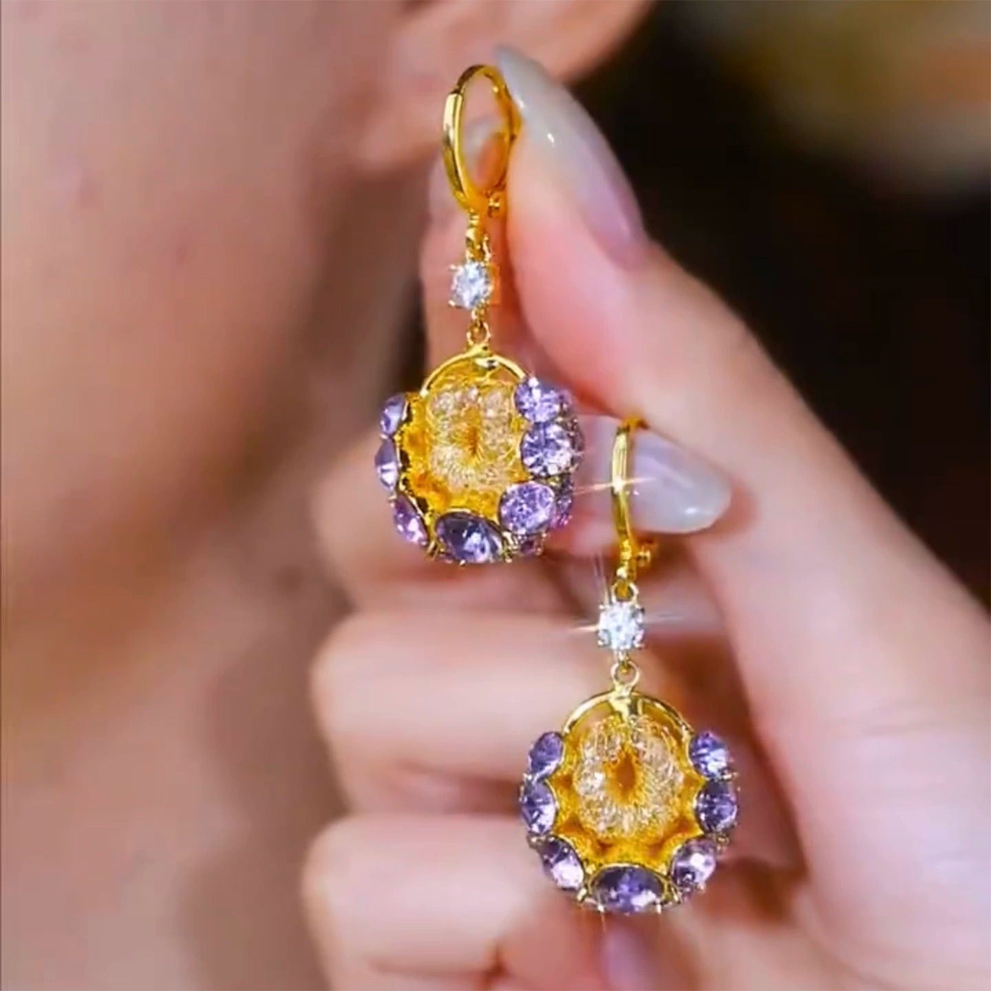 Diamond zircon mesh earrings(24k gold plated)